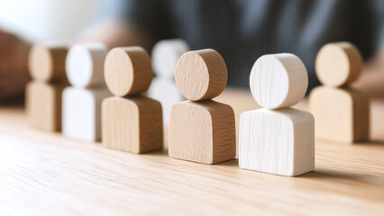 Wooden figurines standing in row on a desk. HR person trying to choose the best job candidate.