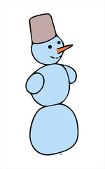 Cartoon snowman. 2025 New Year. Year of the snake. Merry Christmas and Happy New Year. Blue vector illustration.