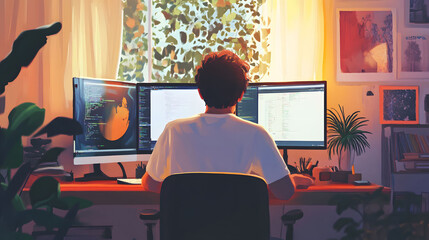 Home office freelancer immersed in work, organized desk, computer screen glowing, creative atmosphere, productivity in a cozy setting