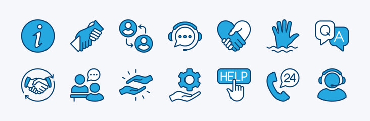 Set of help icon. Containing information, teamwork, charity, customer service, volunteer, solidarity, call center, interview, partnership, care, support, question and answer, friendship, cooperation
