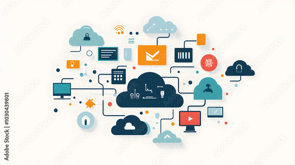Poster cloud computing visualization, dynamic data flow, interconnected storage icons, modern digital infra