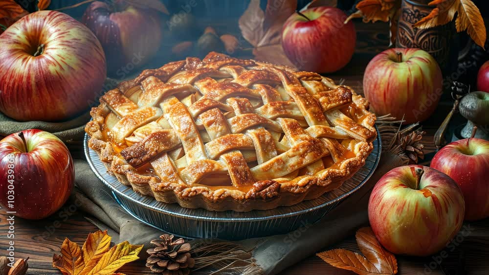 Poster a warm apple pie sits on a rustic table surrounded by apples and autumn leaves