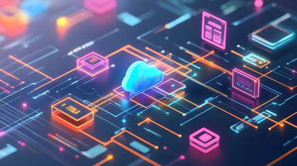 Cloud Computing Concept, dynamic data flow and storage icons illustrating modern digital infrastructure and connectivity in a vibrant design