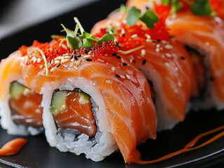 Delightful sushi rolls adorned with fresh salmon and vibrant garnishes at a gourmet restaurant