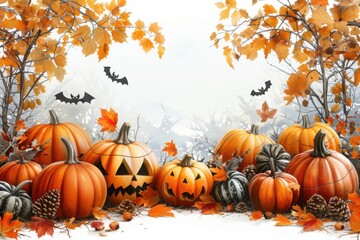 A group of pumpkins and jack o lanterns surrounded by fall leaves and bats flying in the background creating a festive autumn scene

