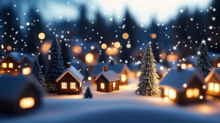 Obraz premium A magical snow-covered miniature village, complete with charming cottages and tall, frosted pine trees, illuminated by glowing lights from within the cozy homes. The scene captures