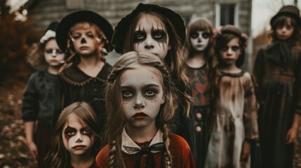 A group of children with Halloween face paint and costumes