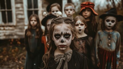 A group of children with Halloween face paint and costumes