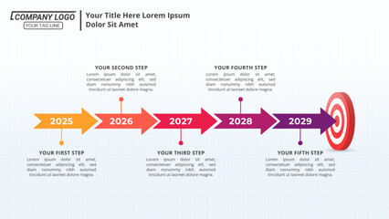 Arrow Infographic Timeline with 5 Steps and Editable Text on a 16:9 Layout for Business Presentations, Management, and Evaluation.