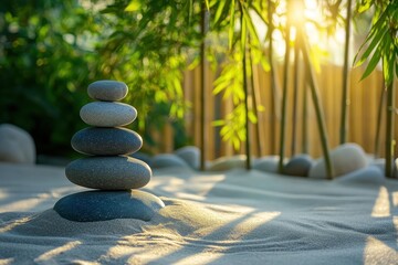 Obraz premium Serenity in Nature A Tranquil Scene of Balanced Stones Surrounded by Lush Greenery and Soft Sand