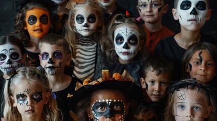 A group of children with Halloween face paint and costumes