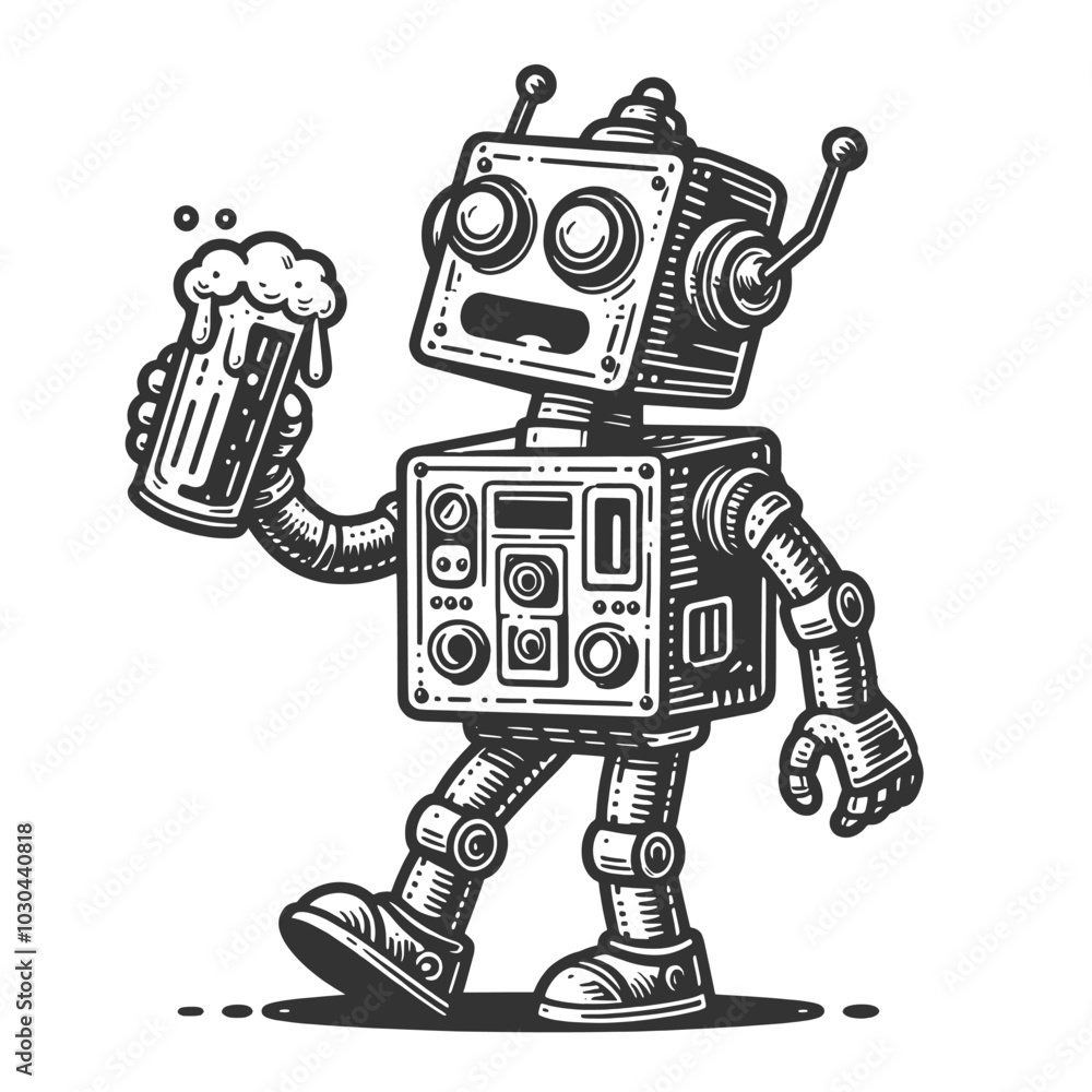 Poster robot with mug of beer, combining vintage robot design with a fun and humorous twist sketch engravin