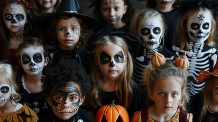 A group of children with Halloween face paint and costumes