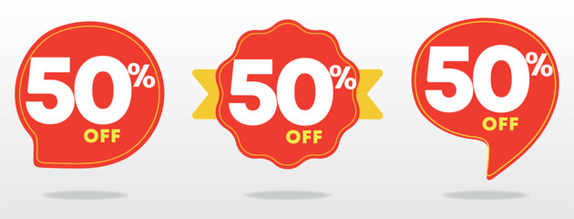 50% off. Special offer marketing, tag, sticker, ads, social media. Promo poster, percentage, value, price. Red, yellow sign. Shop, sales, retail, store. Set, vector, icon