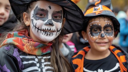 Two children with Halloween makeup on their faces and hats