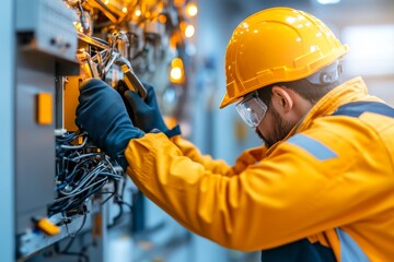 A professional electrician in safety gear works on an electrical control panel full of cables and connectors. Focus on maintenance and fixing.