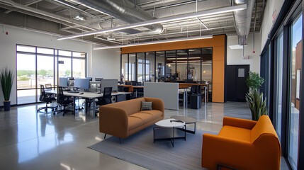 Contemporary Office Interior, open layout, innovative design elements, collaborative workspaces, bright and airy atmosphere