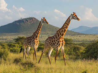Obraz premium Elegant giraffes stroll through the lush grasslands of Africa under a vibrant blue sky