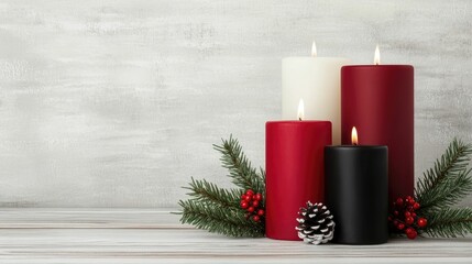 Cozy and festive holiday scene with red and black candles arranged on a rustic wooden table in a 3D with a deep depth of field and warm glowing atmosphere