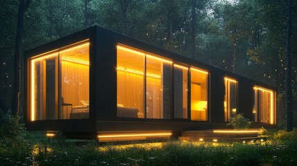 Serene Evening in Sustainable Modular Home - Detailed 3D Render with Twinkling Lights and Peaceful Atmosphere