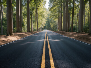 Fototapeta premium A long straight road leading to a bright glowing light at the horizon, symbolizing the journey toward success and victory.