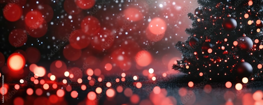 Poster glowing red and black christmas tree lights in dark room 3d with deep depth of field creating a cozy