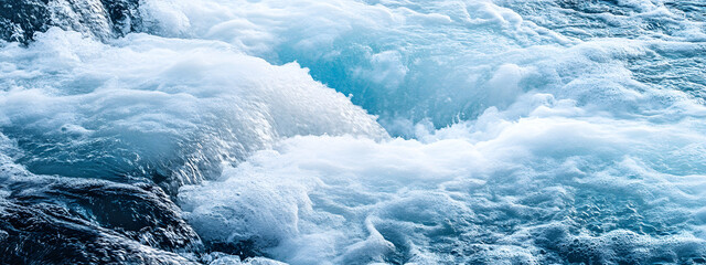 An icy landscape with large waves crashing against the rocks, creating an otherworldly and surreal atmosphere. The cold blue tones of the ice crystals enhance the sense of mystery in the scene. 