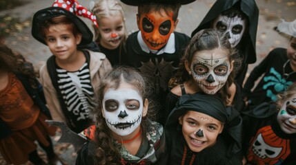 A group of children are dressed up in Halloween costumes
