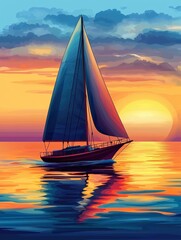 Fototapeta premium Stylized Sailboat Gliding Across a Stunning Sunset Lit Sea Landscape