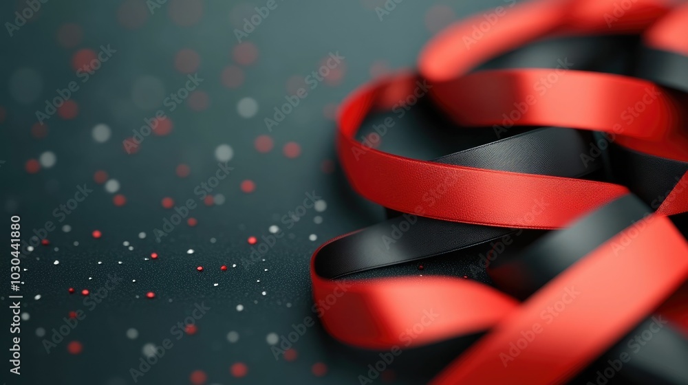 Poster elegant red and black ribbons draped on snowy christmas tree 3d with soft blur and bokeh effect for 