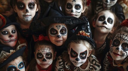 A group of children with Halloween makeup on their faces