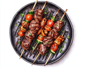 Grilled skewers of marinated meat and colorful vegetables, arranged on a black plate for a vibrant, appetizing presentation.