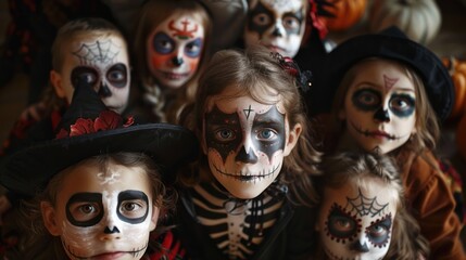 A group of children with Halloween makeup on their faces
