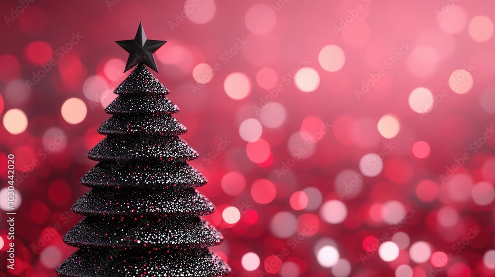 Poster glowing red and black christmas tree topper shining above holiday lights in a 3d with depth of field