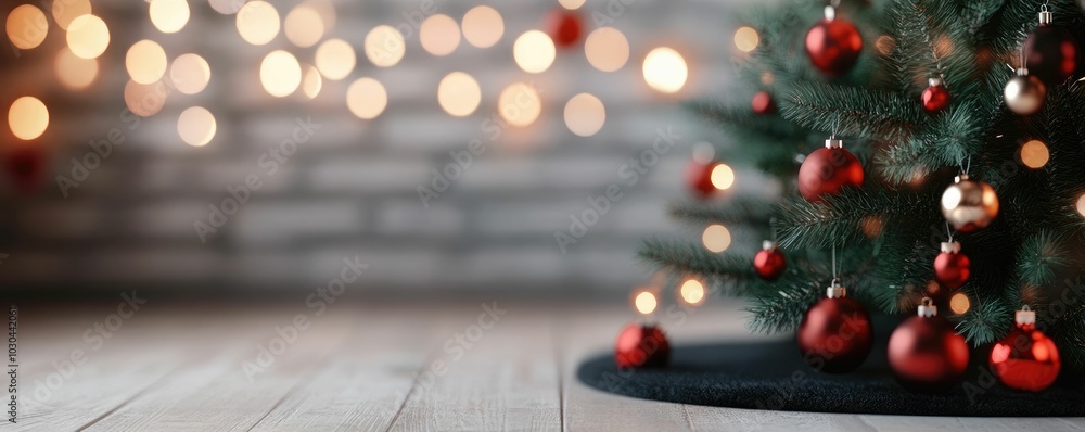 Poster cozy and festive red and black christmas tree skirt in a warm glowing holiday scene with a soft blur