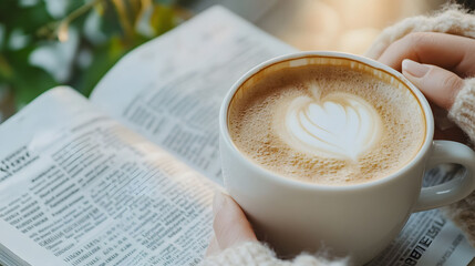 Morning ritual, individual savoring coffee, engrossed in news, cozy atmosphere, warm light, peaceful start to the day