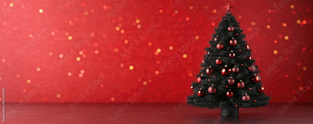 Poster elegant and sophisticated red and black christmas tree with glowing sparkling ornaments against a de