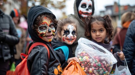 They are all smiling and holding bags of candy
