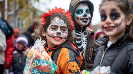 They are all smiling and holding bags of candy