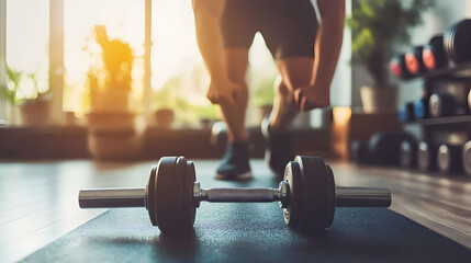 Home Fitness Journey, individual engaged in strength training, utilizing weights and exercise gear, promoting health and wellness in a personal space