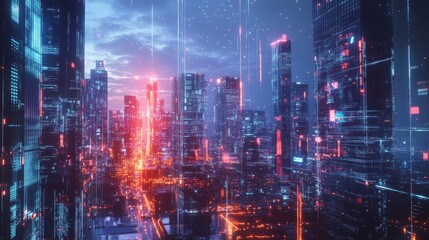 A vibrant city skyline features towering skyscrapers illuminated by red and blue lights at dusk, creating a futuristic atmosphere enhanced by digital overlays and glowing visuals.