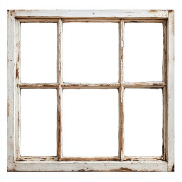 Rustic wooden window frame with six panes on white background