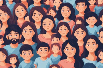 Playful group portrait of a large family with multiple generations symbolizing unity diversity and connection in a bright cheerful illustration with modern bold colors