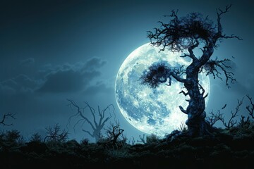 Fototapeta premium A twisted, eerie tree stands in silhouette against a massive full moon in a barren landscape, evoking a haunting and mystical atmosphere.
