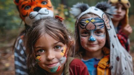 A group of children are wearing face paint and smiling for a photo