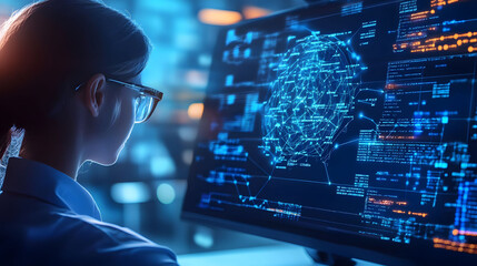 Programmer crafting advanced machine learning algorithms on a sleek computer, immersed in code and data analysis, focused and innovative.