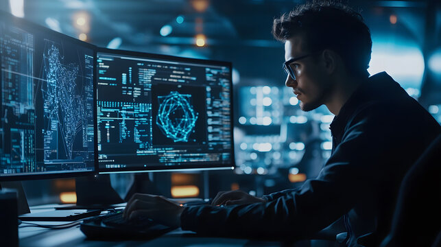 Programmer crafting innovative machine learning algorithms on a sleek computer in a modern workspace, immersed in code and data analysis