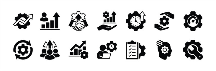 Settings and setup icon vector set. Containing optimization, improvement, increasing cooperation in business, time management, work speed, maintenance, growth up, list job, development, progress
