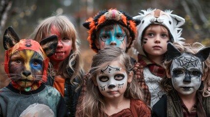 A group of children are dressed up in animal masks and costumes