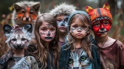 A group of children are dressed up in animal masks and costumes